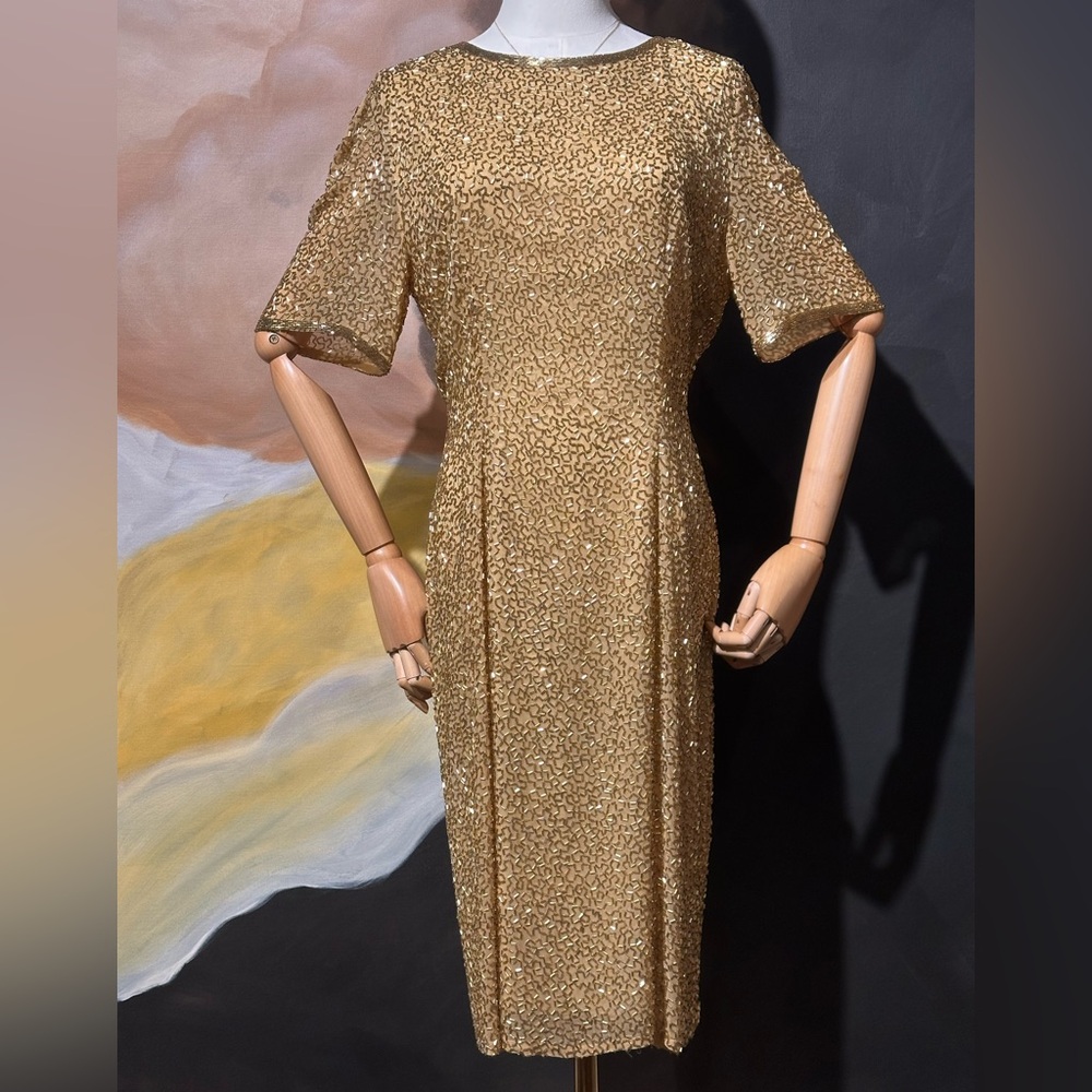 Vntg Silk and Glass Bugle Bead Cocktail Dress